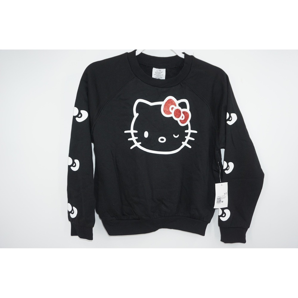 Hello Kitty Sweatshirt Womens Medium Black Crewneck Graphic Sanrio‎ Winking Bow